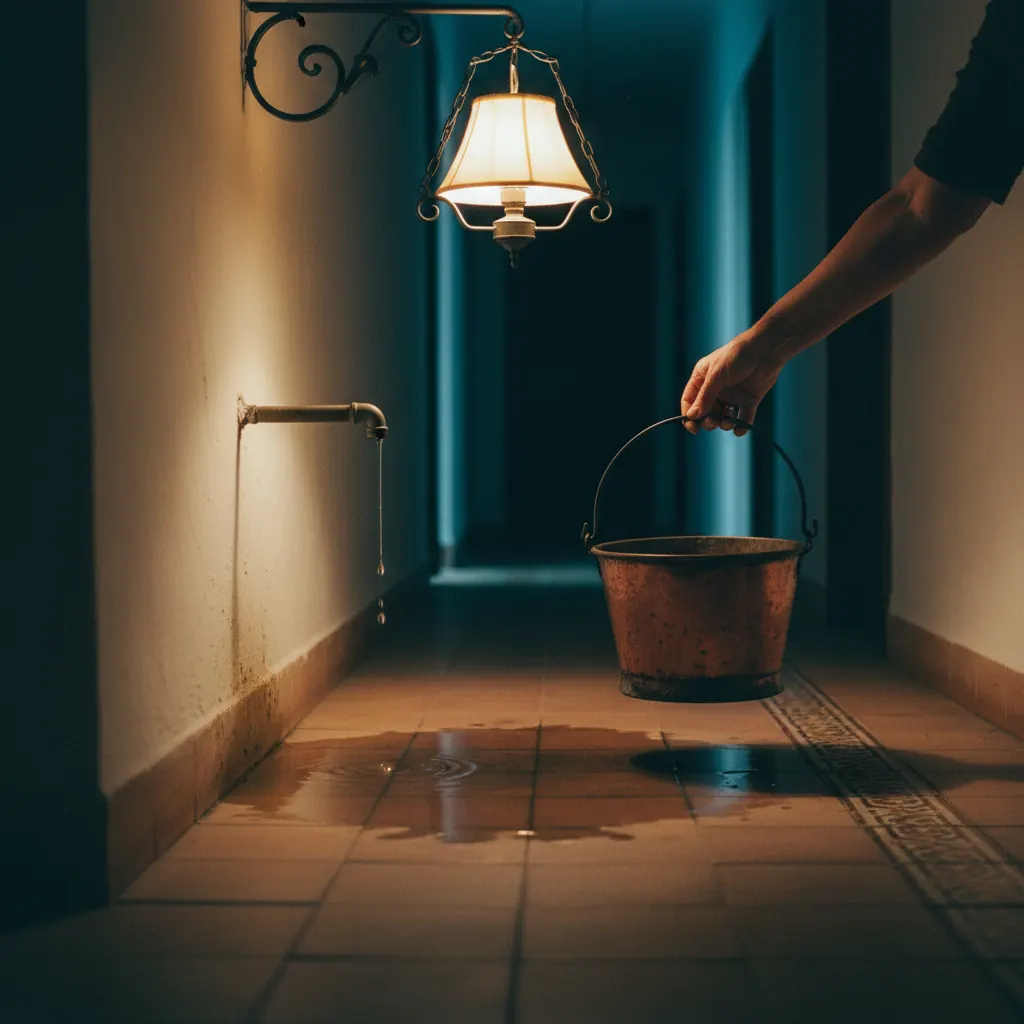 Cubo recogiendo agua de una tubería que gotea por la noche
